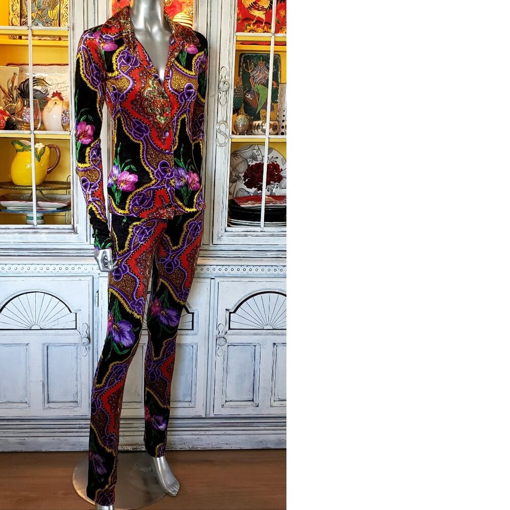 Vintage Betsey Johnson Floral Leopard Stretch Velvet Jeans Pants Dress Top Shirt - Picture 8 of 16